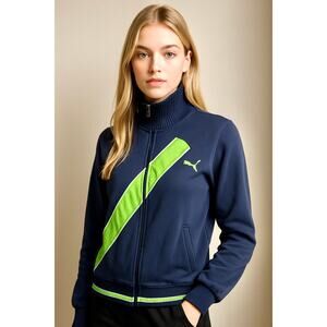 Puma Navy & Green Mixed Media Front Zip Mock Neck Jacket XS